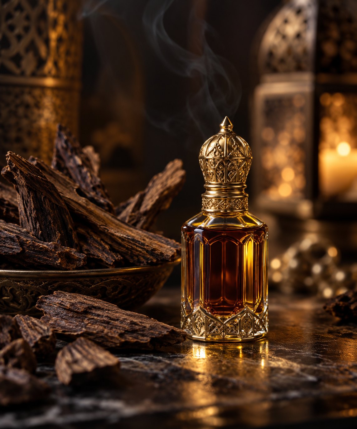 A crystal bottle of oud oil beside agarwood chips and brass lanterns