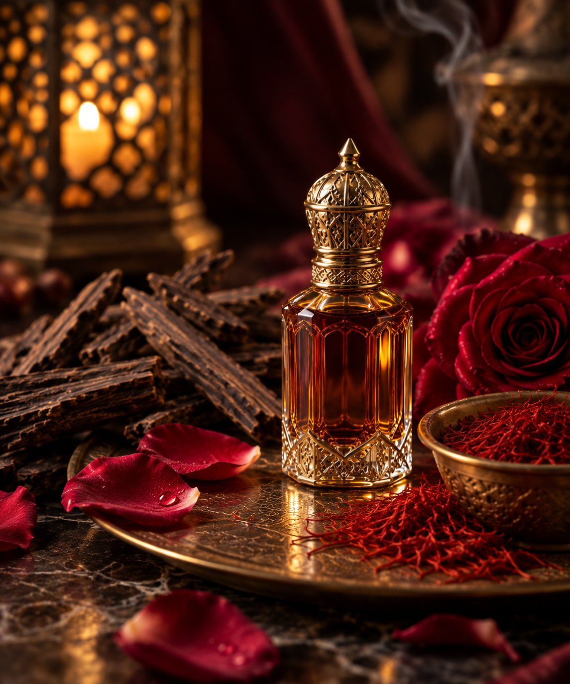 Rose and saffron oud roller with rose petals and saffron threads
